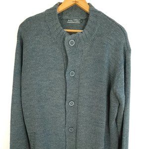 Woolovers Sweater Men's XL British Wool Heathered Blue Gray Button Zip Cardigan